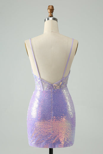 Glitter Light Blue Tight Spaghetti Straps Cocktail Dress with Sequins