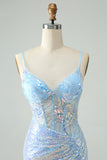 Glitter Light Blue Tight Spaghetti Straps Cocktail Dress with Sequins