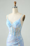 Glitter Light Blue Tight Spaghetti Straps Cocktail Dress with Sequins