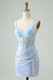 Glitter Light Blue Tight Spaghetti Straps Cocktail Dress with Sequins