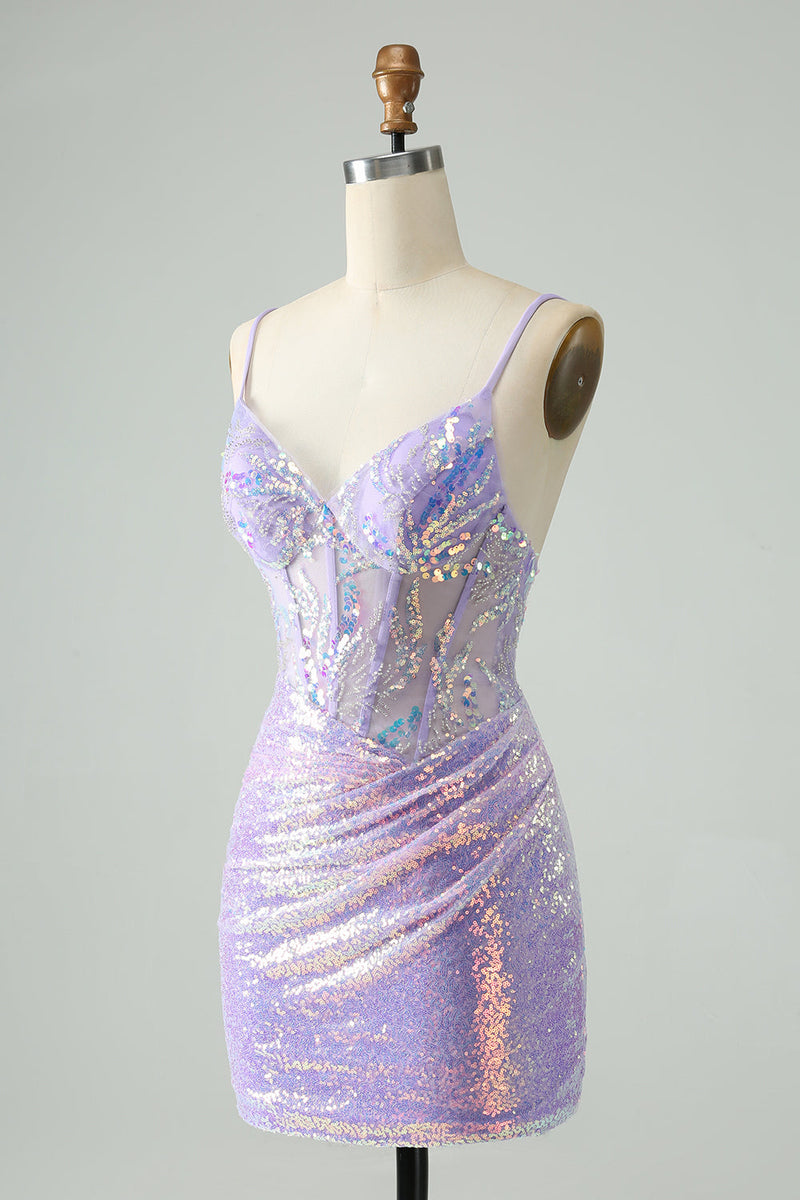 Load image into Gallery viewer, Glitter Light Blue Tight Spaghetti Straps Cocktail Dress with Sequins