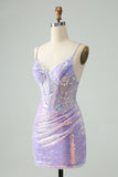 Glitter Light Blue Tight Spaghetti Straps Cocktail Dress with Sequins