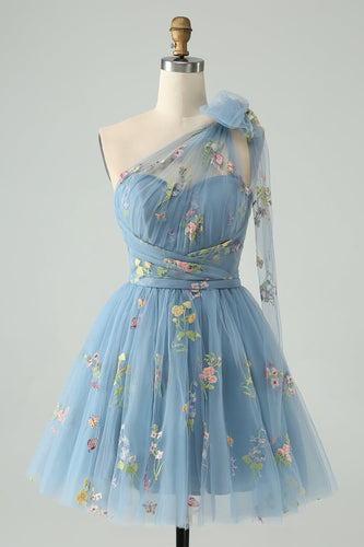 Grey Blue A Line One Shoulder Tulle Short Cocktail Dress with Floral Embroidery