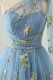 Grey Blue A Line One Shoulder Tulle Short Cocktail Dress with Floral Embroidery