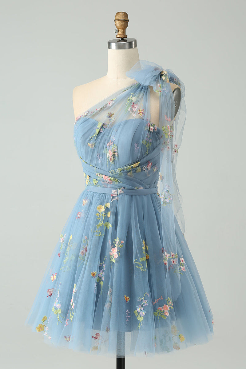 Load image into Gallery viewer, Grey Blue A Line One Shoulder Tulle Short Cocktail Dress with Floral Embroidery