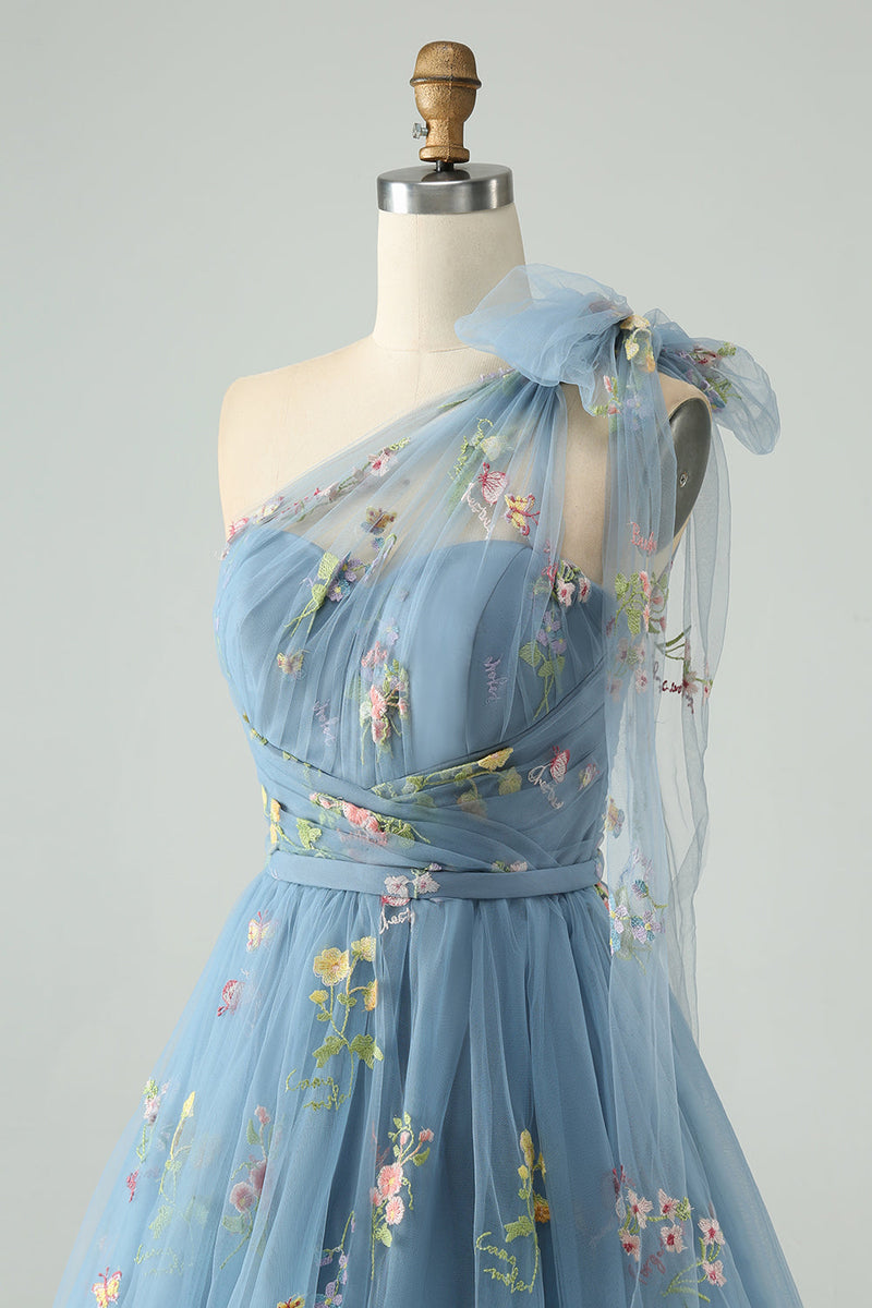 Load image into Gallery viewer, Grey Blue A Line One Shoulder Tulle Short Cocktail Dress with Floral Embroidery