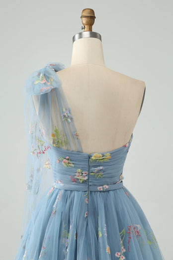 Grey Blue A Line One Shoulder Tulle Short Cocktail Dress with Floral Embroidery