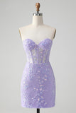 Lilac Corset Sequins Sweetheart Short Embroidery Cocktail Dress with Lace-up Back