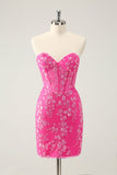 Sparkly Fuchsia Sweetheart Corset Cocktail Dress with Appliques