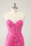 Sparkly Fuchsia Sweetheart Corset Cocktail Dress with Appliques