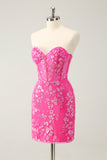 Sparkly Fuchsia Sweetheart Corset Cocktail Dress with Appliques