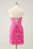 Sparkly Fuchsia Sweetheart Corset Cocktail Dress with Appliques