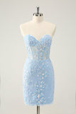 Light Blue Corset Sequins Sweetheart Short Tight Cocktail Dress with Lace-up Back