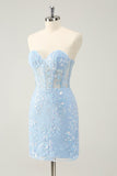 Light Blue Corset Sequins Sweetheart Short Tight Cocktail Dress with Lace-up Back