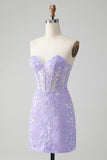 Light Blue Corset Sequins Sweetheart Short Tight Cocktail Dress with Lace-up Back