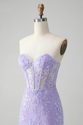 Lilac Corset Sequins Sweetheart Short Embroidery Cocktail Dress with Lace-up Back