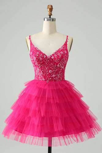 Hot Pink A Line Spaghetti Straps Tulle Tiered Short Cocktail Dress