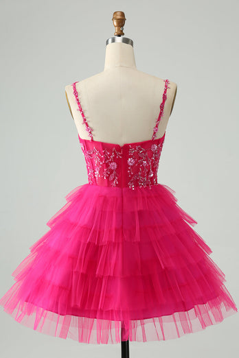 Hot Pink A Line Spaghetti Straps Tulle Tiered Short Cocktail Dress