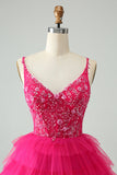 Hot Pink A Line Spaghetti Straps Tulle Tiered Short Cocktail Dress