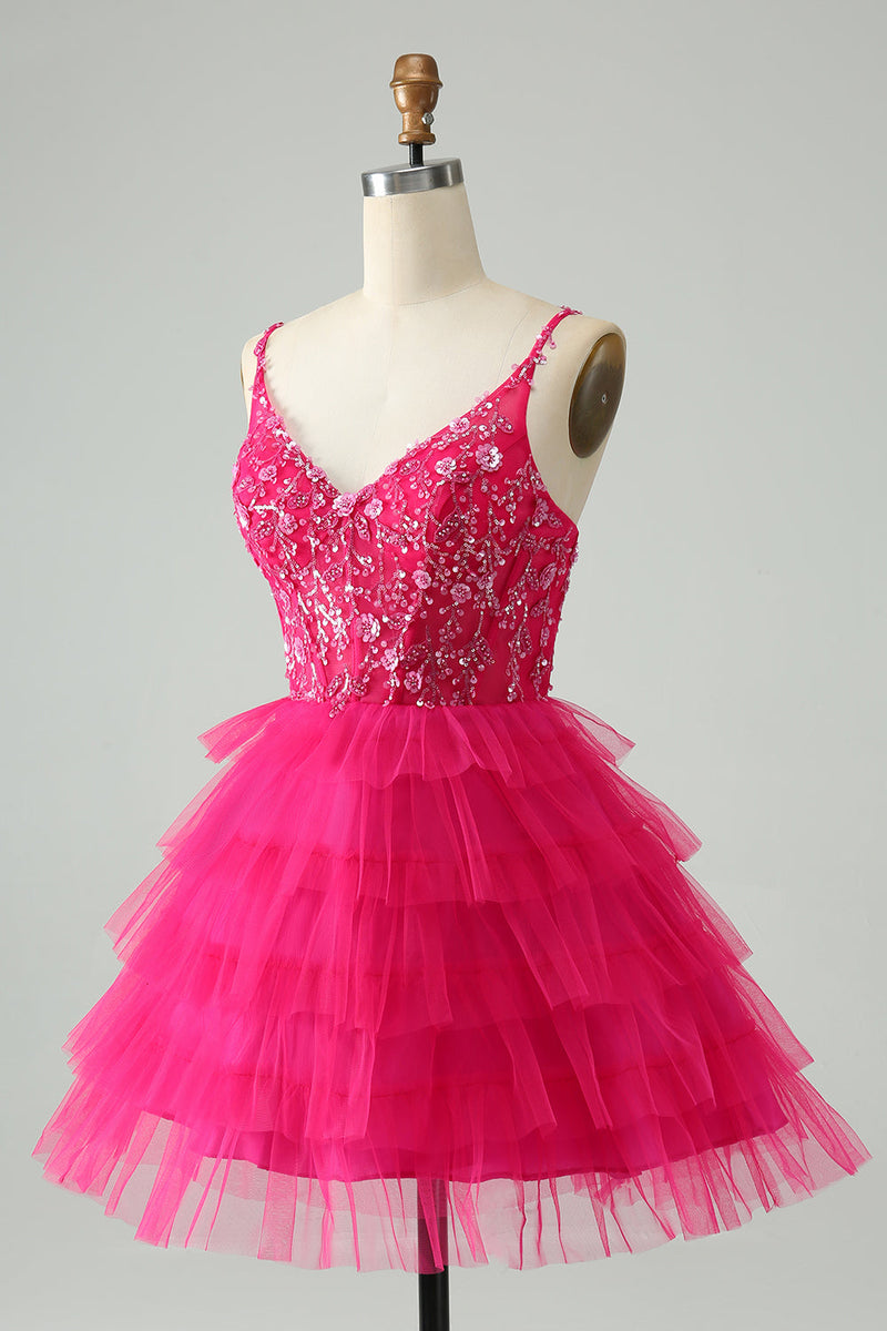 Load image into Gallery viewer, Hot Pink A Line Spaghetti Straps Tulle Tiered Short Cocktail Dress