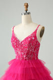 Hot Pink A Line Spaghetti Straps Tulle Tiered Short Cocktail Dress