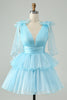 Load image into Gallery viewer, Sky Blue A Line V Neck Pleated Tiered Short Cocktail Dress