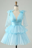 Sky Blue A Line V Neck Pleated Tiered Short Cocktail Dress