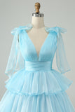 Sky Blue A Line V Neck Pleated Tiered Short Cocktail Dress