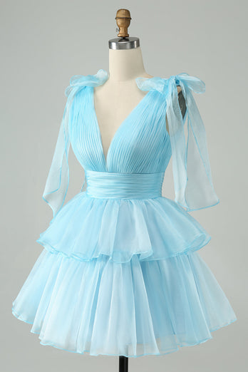 Sky Blue A Line V Neck Pleated Tiered Short Cocktail Dress