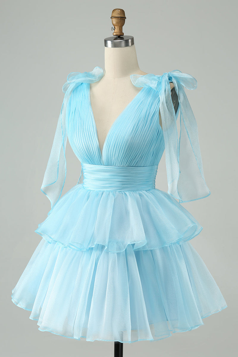 Load image into Gallery viewer, Sky Blue A Line V Neck Pleated Tiered Short Cocktail Dress