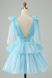 Sky Blue A Line V Neck Pleated Tiered Short Cocktail Dress