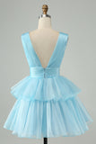 Sky Blue A Line V Neck Pleated Tiered Short Cocktail Dress