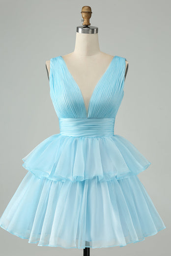 Sky Blue A Line V Neck Pleated Tiered Short Cocktail Dress