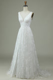 Ivory Lace V-Neck Wedding Dress with Slit