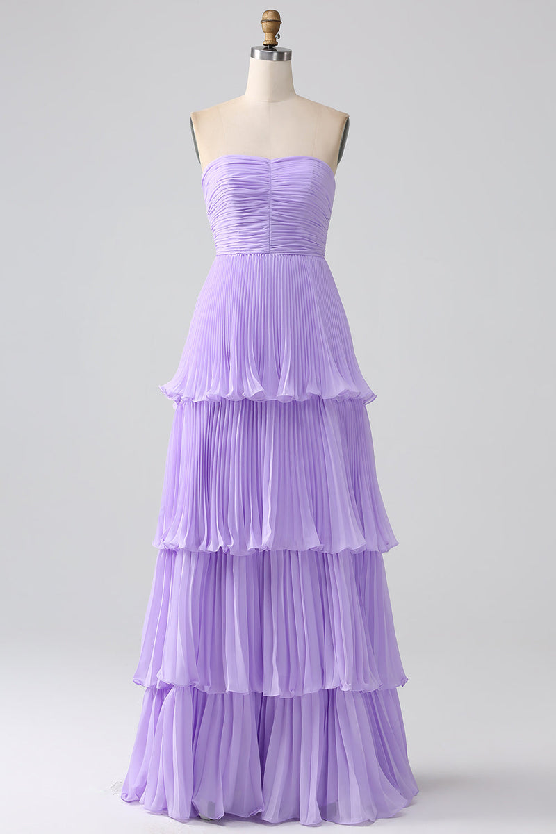 Load image into Gallery viewer, A-Line Sweetheart Lilac Tiered Chiffon Long Bridesmaid Dress with Pleated