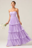 A-Line Sweetheart Tiered Chiffon Long Lilac Bridesmaid Dress with Pleated