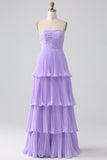 A-Line Sweetheart Lilac Tiered Chiffon Long Bridesmaid Dress with Pleated