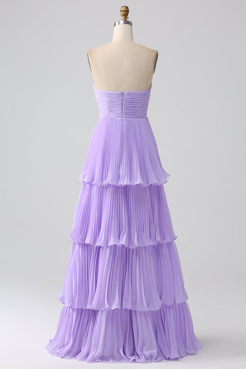 Load image into Gallery viewer, A-Line Sweetheart Lilac Tiered Chiffon Long Bridesmaid Dress with Pleated