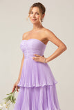 A-Line Sweetheart Tiered Chiffon Long Lilac Bridesmaid Dress with Pleated