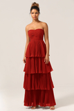 Strapless Tiered Burgundy Long Bridesmaid Dress