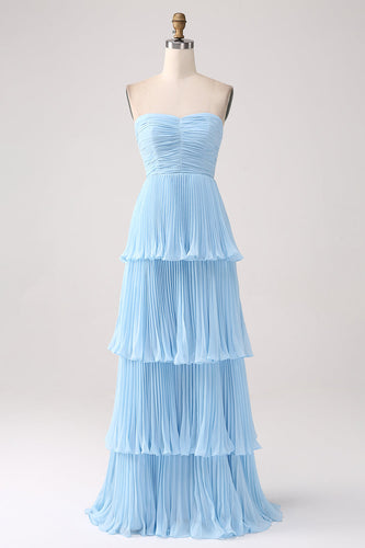 Strapless Sky Blue Formal Dress with Pleated
