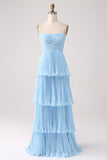 Strapless Sky Blue Formal Dress with Pleated