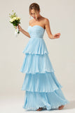 Sky Blue Sweetheart Pleated Tiered Long Bridesmaid Dress