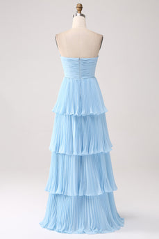 Strapless Sky Blue Formal Dress with Pleated