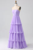 A-Line Sweetheart Lilac Tiered Chiffon Long Bridesmaid Dress with Pleated