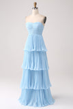 Strapless Sky Blue Formal Dress with Pleated