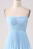 Strapless Sky Blue Formal Dress with Pleated