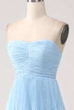 Strapless Sky Blue Formal Dress with Pleated