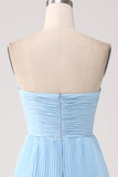 Strapless Sky Blue Formal Dress with Pleated