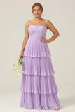 Strapless A-Line Lilac Pleated Chiffon Plus Size Long Bridesmaid Dress with Ruffles